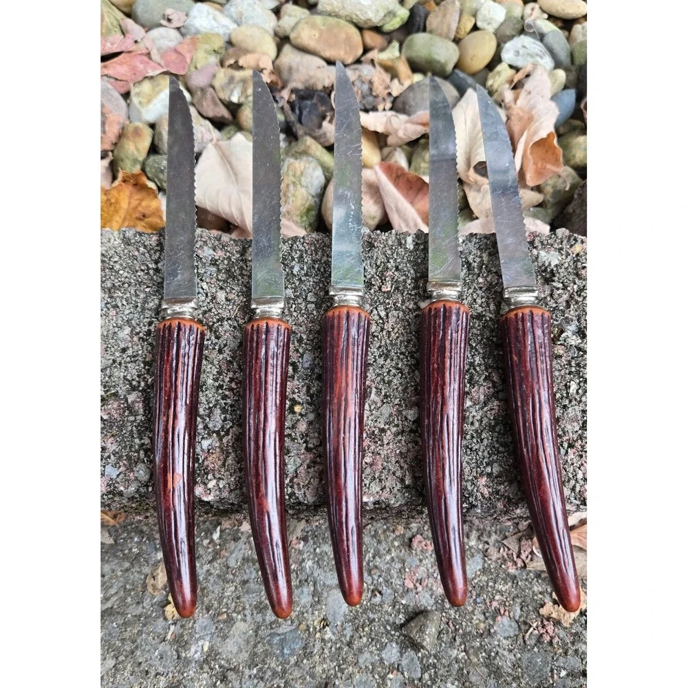 VTG Stainless Forgecraft USA Serrated Steak Knives Set‎ of 5 Faux Antler Handles
